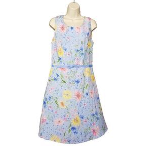 Dressbarn Petites Blue Floral Sleeveless Dress Attached Belt Career Casual 12P